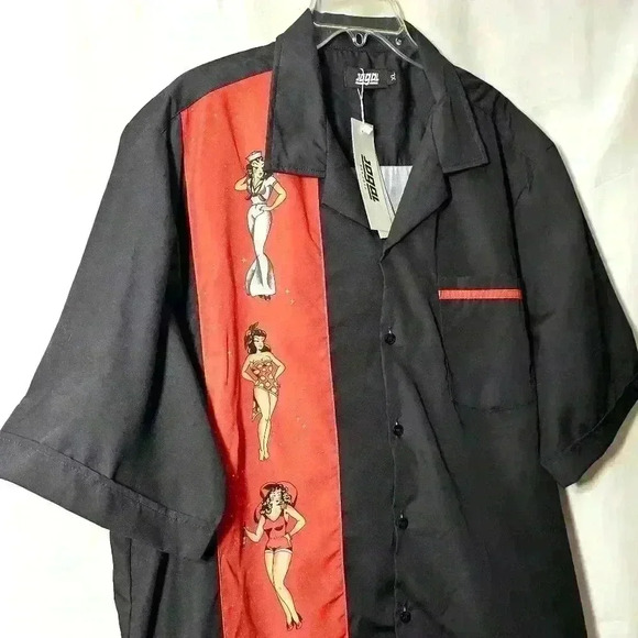 🛑 NWT jogal Mens Vintage-style Polyester Black Short Sleeve Button-up Shirt XL - Picture 2 of 9